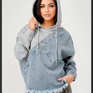 Denim and Gray Hooded Women's Top